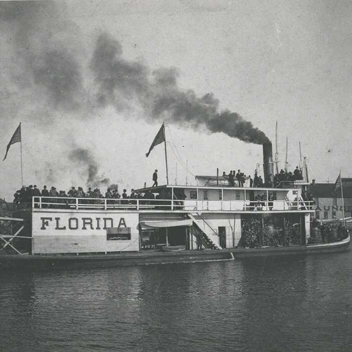 black and white photo of a florida steamboat