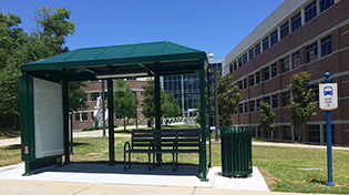Photo of trolley shelter in front of Building 4.