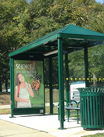 Photo of trolley shelter in front of Science and Engineering building.