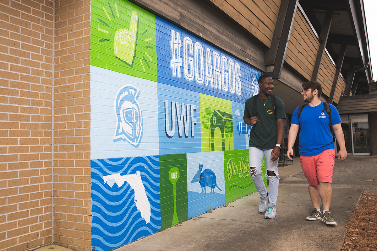 Students walking in front of UWF mural