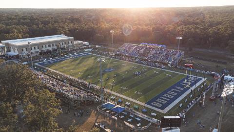 A birds eye shot of PenAir Field on the UWF Pensacola campus during a 2022 home football game.