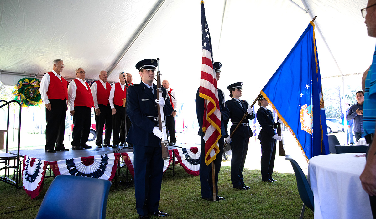 A U.S. Air Force Honor Guard presents colors at the 2021 Memorial Day Observation Ceremony.