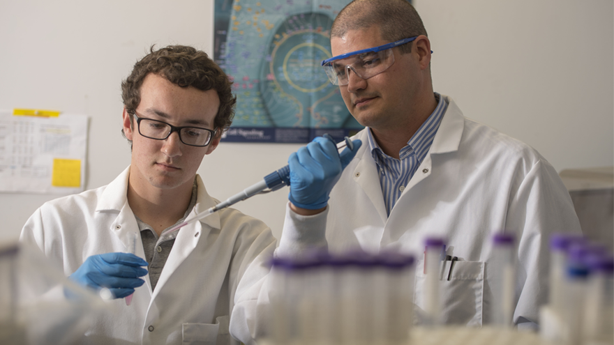 Professor looks on as student works on adding liquid to a test tube.