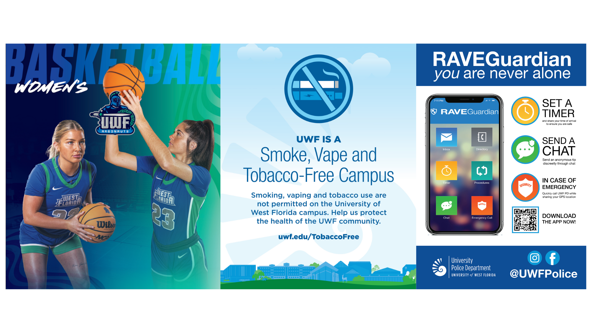 Graphic showcasing posters for UWF basketball; smoke, vape, and tobacco-free UWF campus, and UWF Rave Guardian app.