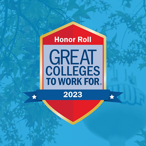 Great Colleges to Work For 2023 award badge overlayed on the UWF water tower