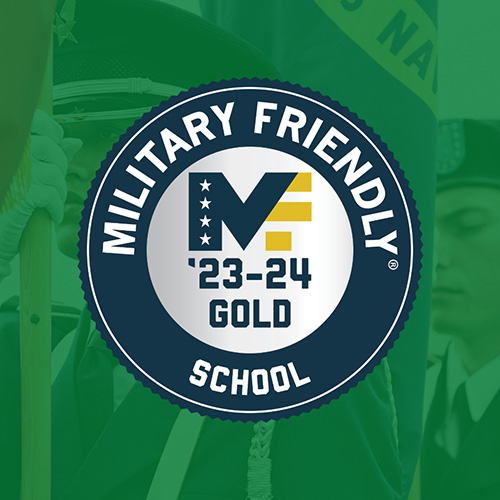 Military Friendly School 2023-24 award badge overlayed on military members in uniform