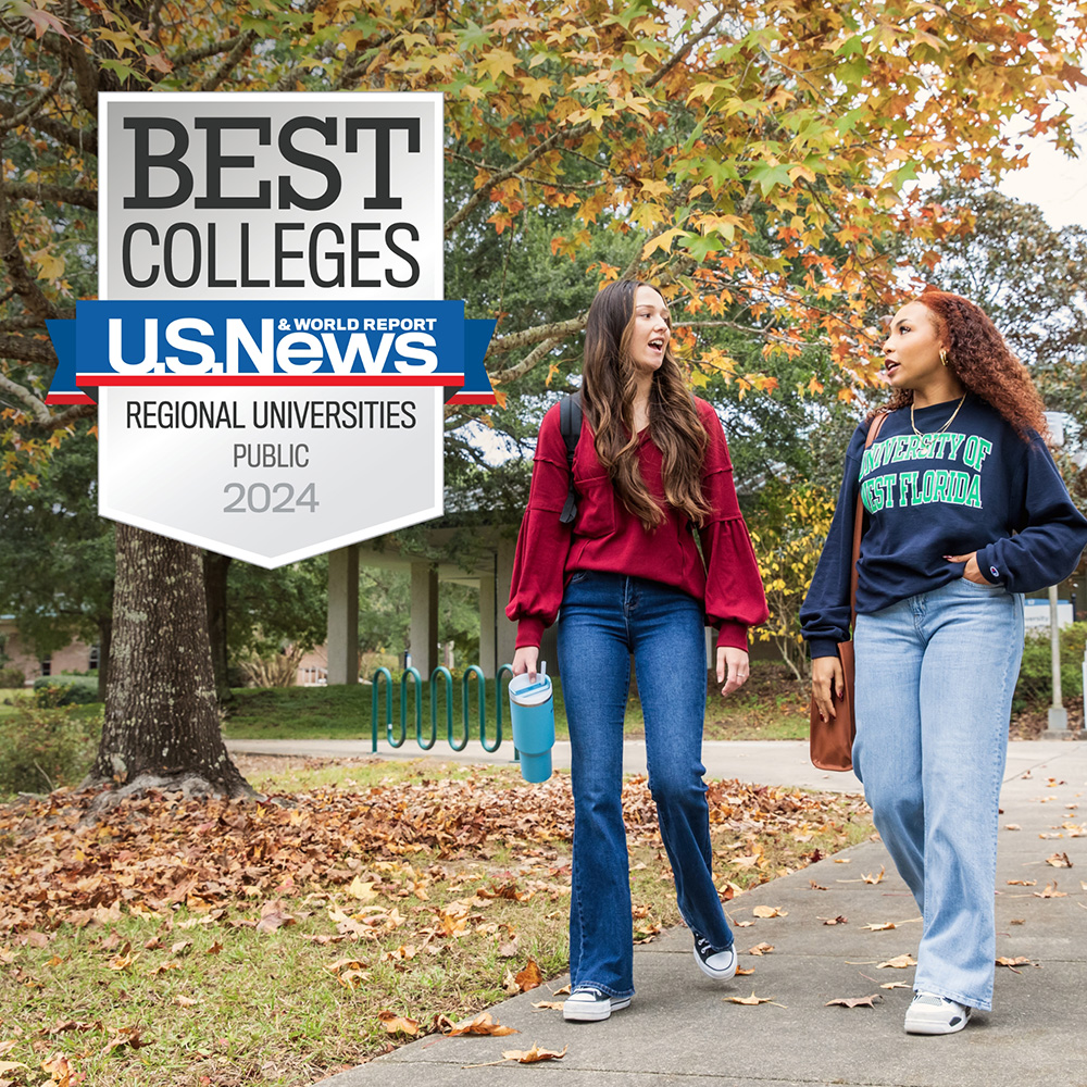 Two students walking to class with the U.S. News and World Report 2024 award badge overlayed