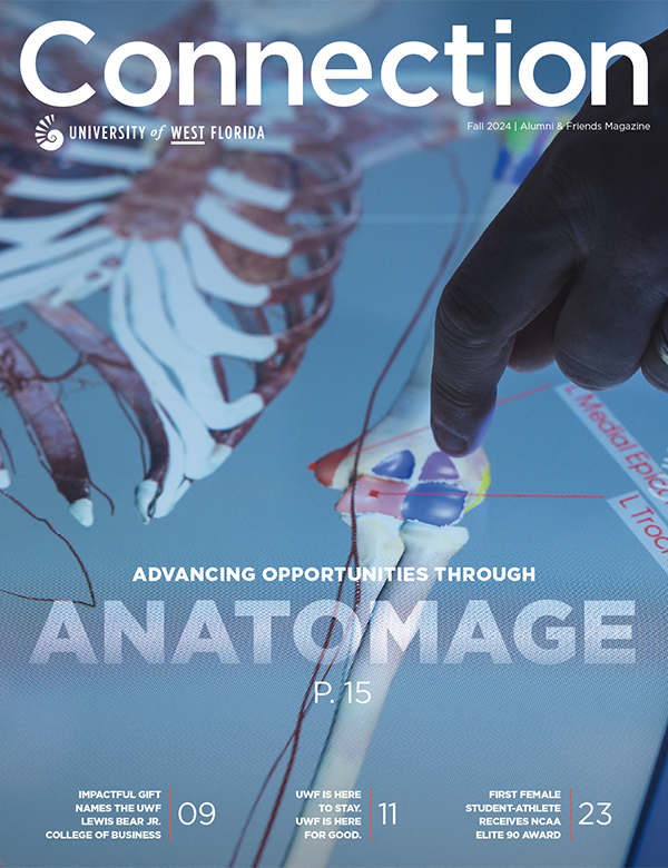 Cover of the Fall 2024 Connection magazine. The cover highlights the feature story of the UWF Anatomage tables.
