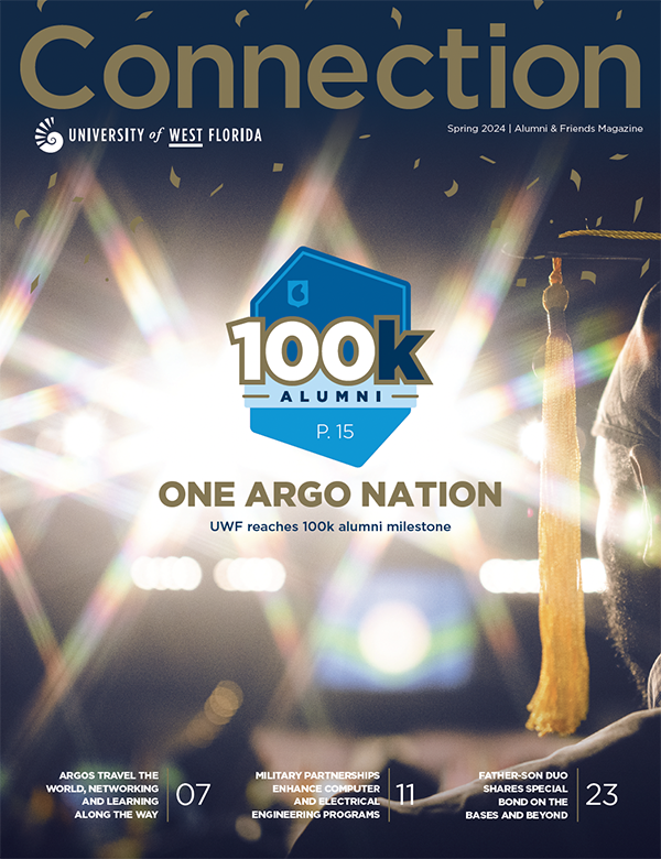 Cover of the Spring 2024 Connection magazine. The cover highlights the feature story of UWF reaching the 100,000 alumni milestone.