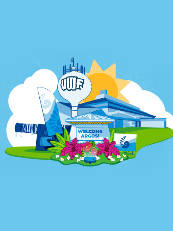 Illustration of campus features: welcome sign, cannon, commons, UWF logo