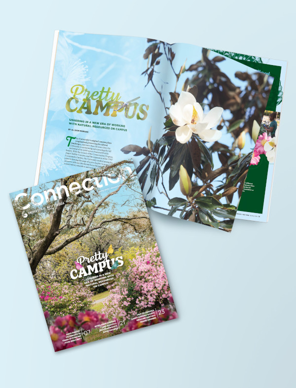 The cover of the spring 2025 Connection magazine features the Pretty Campus headline upon a photo of azalea bushes in bloom.